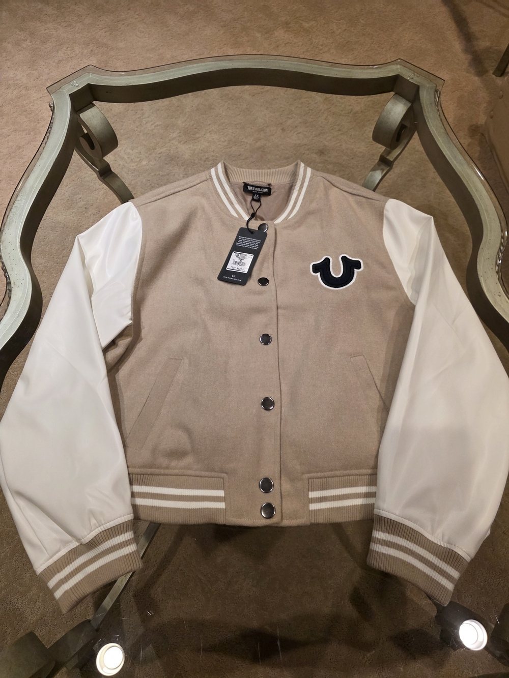 True Religion Women's Beige and White Varsity Jacket